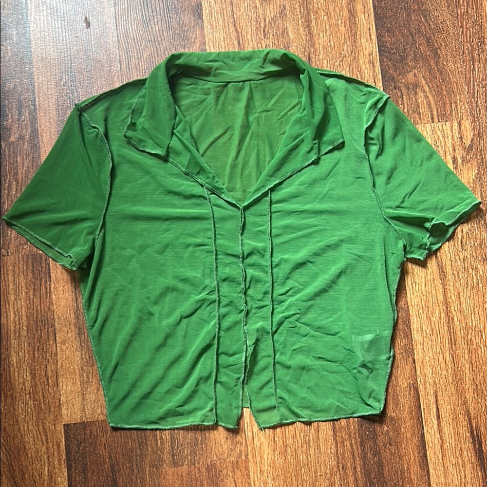 NEVER WORN SHEIN Green Crop See-Thru Notched Collar “Button Down” Shirt